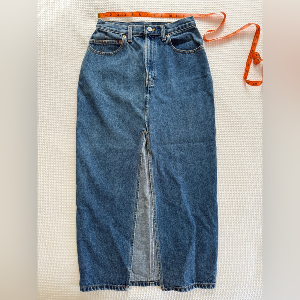 Calvin Klein Vintage Blue Denim Maxi Skirt with Front Slit Size S-M